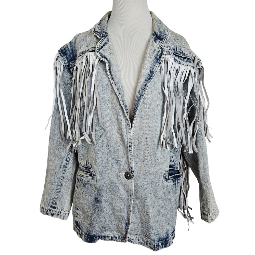 Sergio Valente acid-washed blue‎ denim jacket white leather fringe trim, size S - Picture 3 of 7